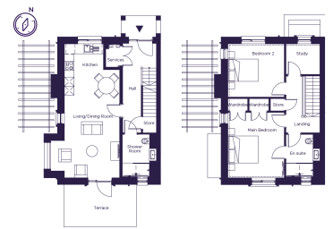 Floor plan showing a ground floor with a kitchen, living area, and shower room, and a first floor with two bedrooms, a study, and an en suite.