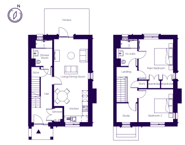 Floor plan showing a ground floor with a kitchen, living area, and terrace, and an upper floor with two bedrooms, an en suite, and a study.