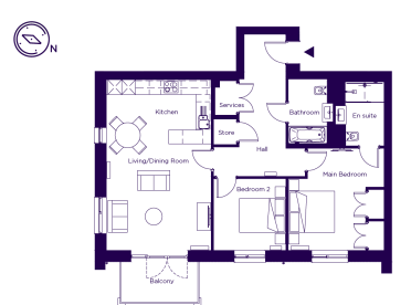 Floor plan of an apartment showing a living/dining room, kitchen, two bedrooms, two bathrooms, a hall, a store room, service area, and a balcony.