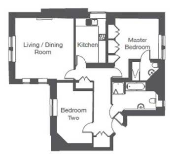 Floor plan of an apartment featuring a living and dining room, kitchen, two bedrooms, and two bathrooms.