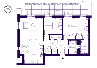 Floor plan of an apartment showing a living and dining area, kitchen, two bedrooms, two bathrooms, and a terrace.