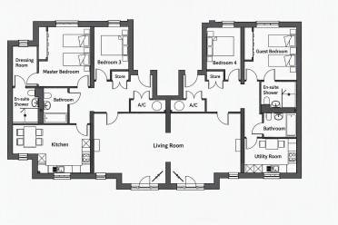 Floor plan of a four-bedroom apartment featuring a central living room, kitchen, utility room, four bathrooms, and two storage closets.