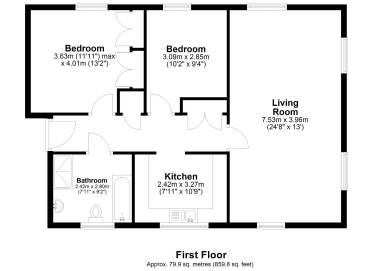 Floor plan of a first-floor apartment featuring two bedrooms, a living room, a kitchen, and a bathroom.