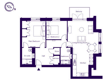 Floor plan of an apartment with a main bedroom with en suite, a second bedroom, a bathroom, a store, services, and an open-plan kitchen and living/dining room with a balcony.