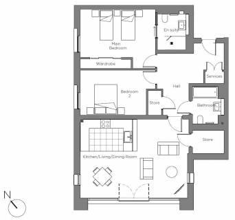Black and white floor plan showing two bedrooms, two bathrooms, a kitchen/living/dining area, wardrobe, two store rooms, and service space, with north indicated at bottom left.