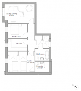 Floor plan of an apartment with a living/dining room, kitchen, two bedrooms, a bathroom, and an en-suite shower in the master bedroom; north indicated in lower right corner.