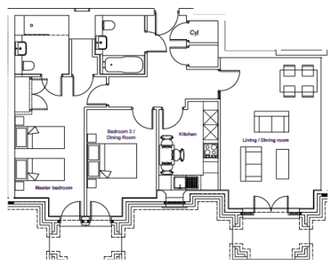 A floor plan showing a master bedroom, a second bedroom/dining room, a kitchen, a living/dining room, a bathroom, and storage areas.