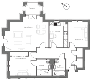 Black and white floor plan showing a two-bedroom apartment with a living room, kitchen, terrace, ensuite, and separate bathroom.