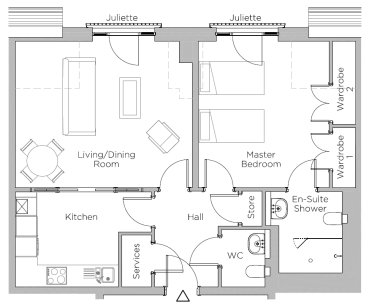 Black and white floor plan layout showing a living/dining room, kitchen, master bedroom, en-suite shower, WC, hall, store, and two Juliette balconies.