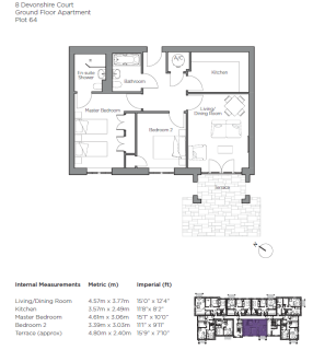 Floor plan of a ground floor apartment with two bedrooms, two bathrooms, kitchen, living/dining room, and terrace; includes internal measurements in meters and feet.