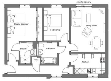 Black and white floor plan showing a two-bedroom apartment with a kitchen, living room, two bathrooms, and a Juliette balcony.