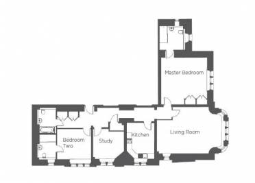 Black and white floor plan showing a master bedroom, bedroom two, study, kitchen, living room, and multiple bathrooms.