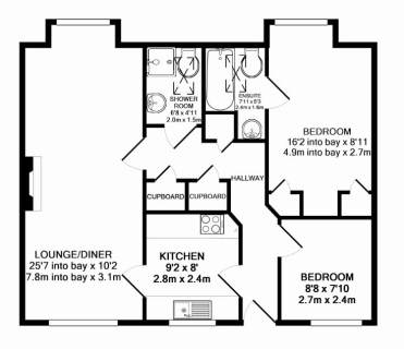 Black and white floor plan showing a lounge/diner, kitchen, two bedrooms, two bathrooms, and hallway with labeled dimensions for each room.
