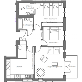 Floor plan of a two-bedroom apartment with a kitchen, living/dining room, two bathrooms, main bedroom with en suite, bedroom 2, and a balcony.