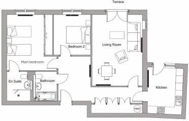 Black and white floor plan showing a main bedroom with en suite, a second bedroom, a bathroom, living room with terrace access, and a separate kitchen.