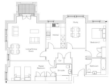 Black and white floor plan of an apartment with a living/dining room, kitchen, study, two bedrooms, en-suite, bathroom, and entrance hallway.