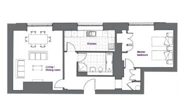 Floor plan showing a living/dining room, kitchen, bathroom, and master bedroom with two beds, labeled in purple text.