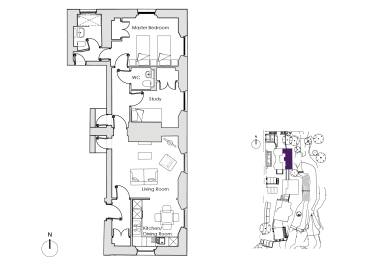 Floor plan of a single-story home featuring a master bedroom, WC, study, living room, and kitchen/dining area, with an exterior site map showing the building's location on the property.