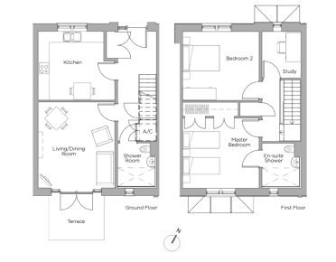 Black-and-white floor plan of a two-story house showing the ground floor with kitchen, living/dining room, shower room, and terrace, and the first floor with two bedrooms, a study, and en-suite shower.