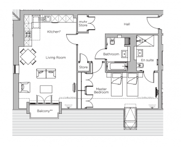 Floor plan of an apartment showing a kitchen, living room, master bedroom with en suite, bathroom, two storage rooms, hall, and a balcony.