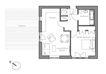 Black and white floor plan of a one-bedroom apartment with a terrace, living/dining room, kitchen, bathroom, store room, and master bedroom. North direction indicated.