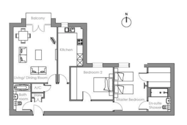 Black and white floor plan of a two-bedroom apartment with kitchen, living/dining room, balcony, bathroom, store, and en-suite shower in the master bedroom. North is indicated at the top.