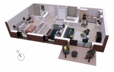 3D floor plan of a two-bedroom apartment with living room, kitchen, two bathrooms, and a patio furnished with chairs and a table; north direction indicated.
