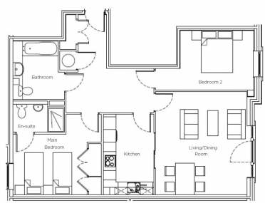 Floor plan of an apartment showing a kitchen, living/dining room, main bedroom with en-suite, second bedroom, and a separate bathroom.