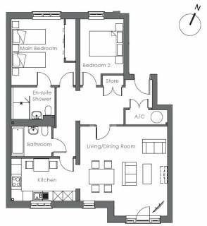Black and white floor plan of a two-bedroom apartment featuring a main bedroom with en-suite, a second bedroom, bathroom, kitchen, living/dining room, store, and A/C area.