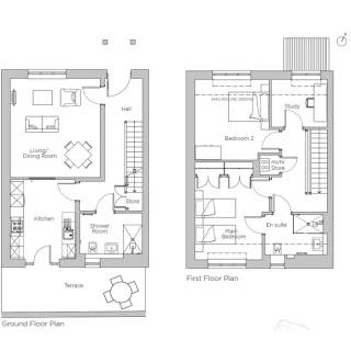 Floor plans showing a two-story house with living, dining, kitchen, and shower room on the ground floor; two bedrooms, study, and two bathrooms on the first floor.