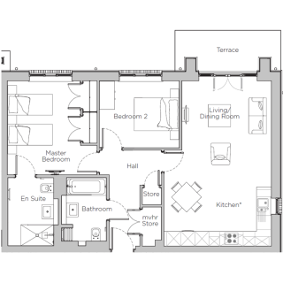 Floor plan of an apartment featuring a master bedroom with en suite, a second bedroom, bathroom, kitchen, living/dining room, terrace, and storage areas.