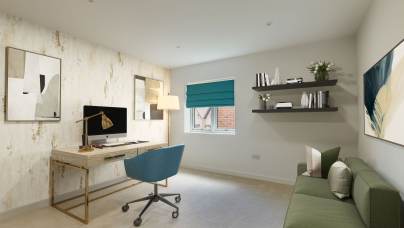 A modern home office with a desk, computer, blue chair, green sofa, and wall art. Shelves hold books and a plant. A window with teal blinds lets in natural light.