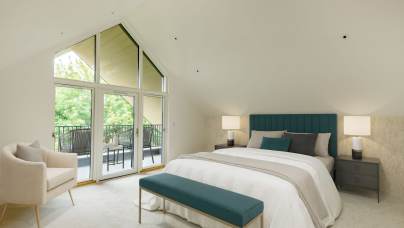A modern bedroom with a large window and balcony. It includes a bed with a teal headboard, two nightstands with lamps, a beige armchair, and a teal bench at the foot of the bed.