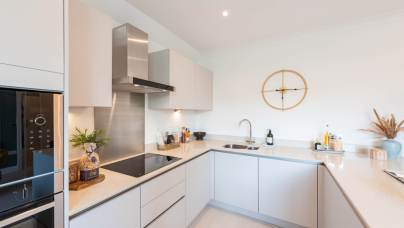 Modern kitchen with light cabinets, built-in oven, electric cooktop, sink, and minimalist decor including a wall clock and vase with dried plants on the countertop.