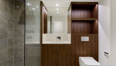 Modern bathroom with a glass shower, wood paneling, a toilet, and a single sink vanity with a mirror.