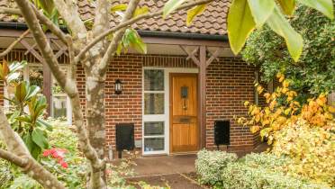 A brick house entrance with a wooden front door and a vertical glass panel beside it, surrounded by bushes and trees.
