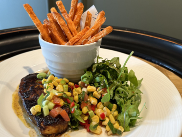 Blackened swordfish with sweetcorn salsa and sweet potato fries