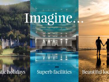Collage: castle by a forest, indoor pool, couple walking on beach at sunset. Text: "Imagine... Fantastic holidays, Superb facilities, Beautiful locations.