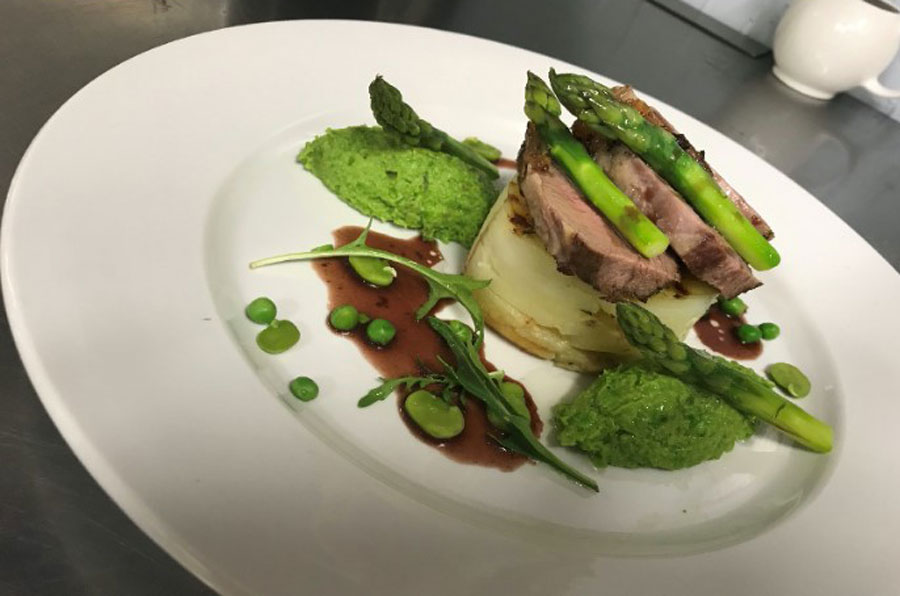 Kentish Spring Rump of Lamb, Potato Dauphinoise, Pea Puree, Asparagus Tips and Rosemary Red Wine Reduction