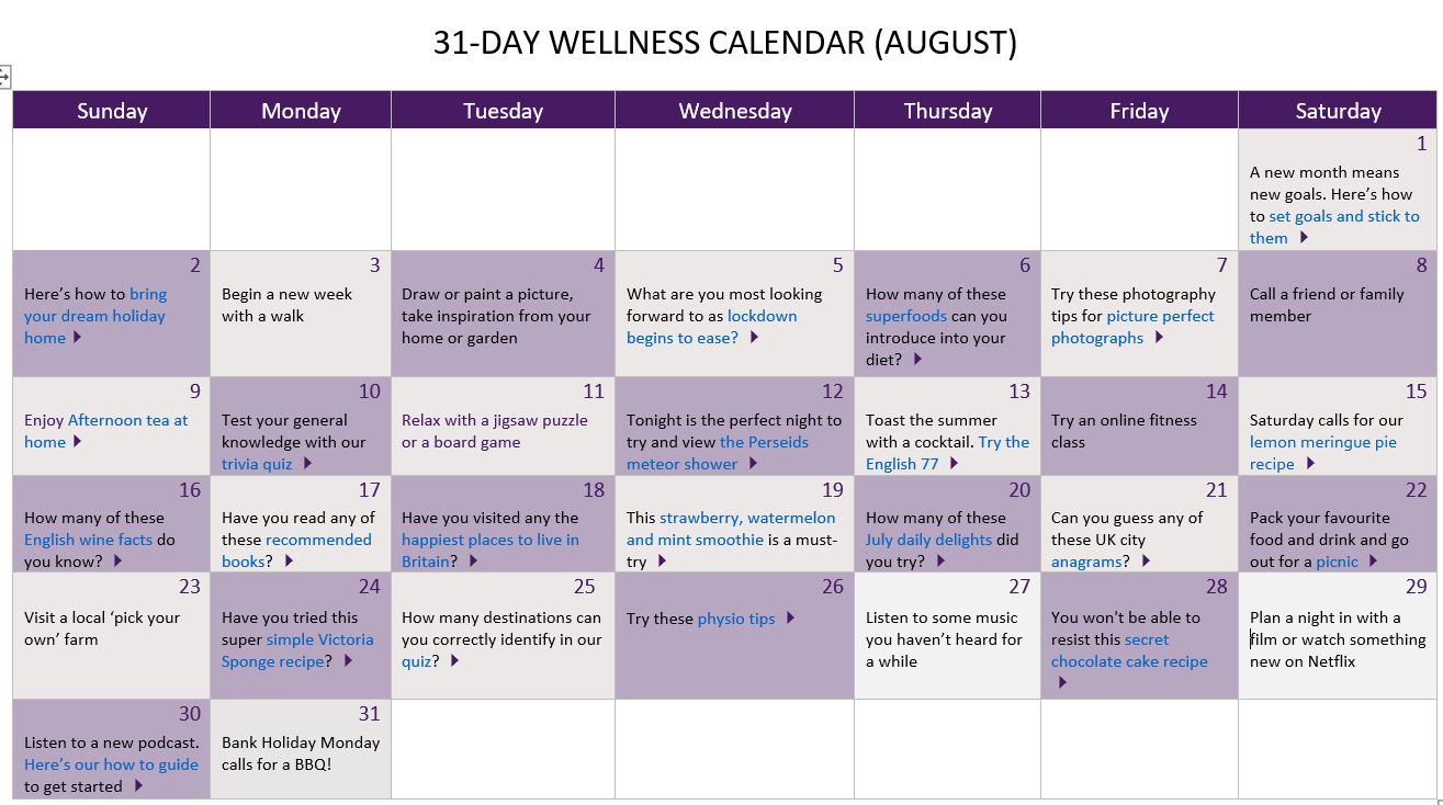 August wellness calendar