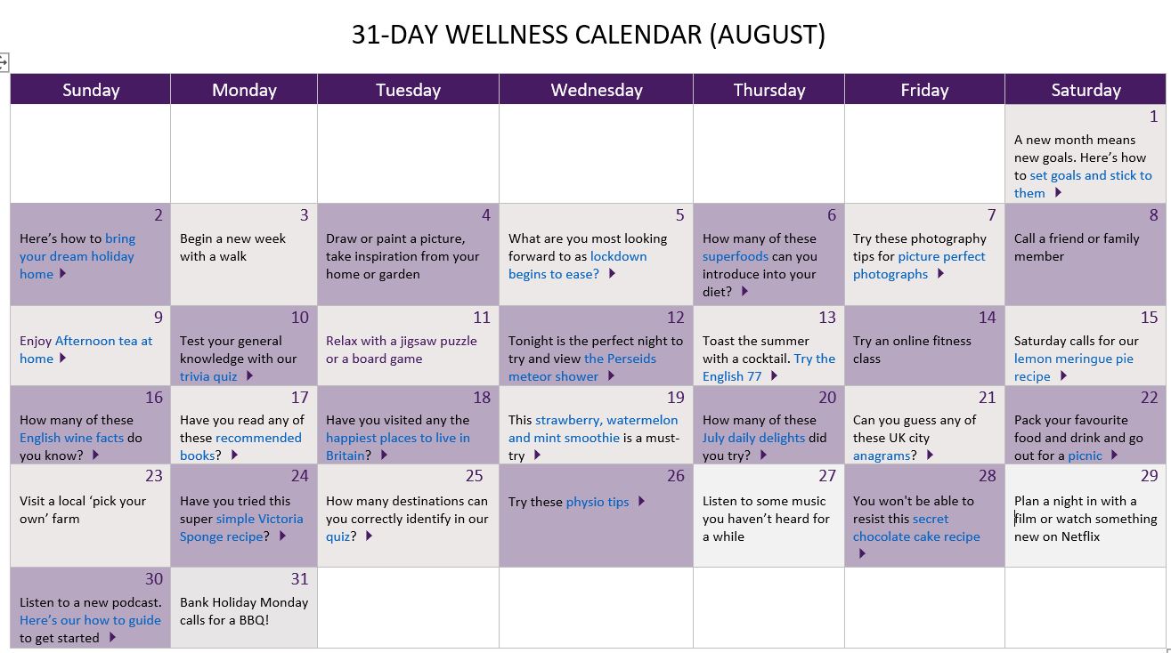 31 day wellness calendar August Audley Villages