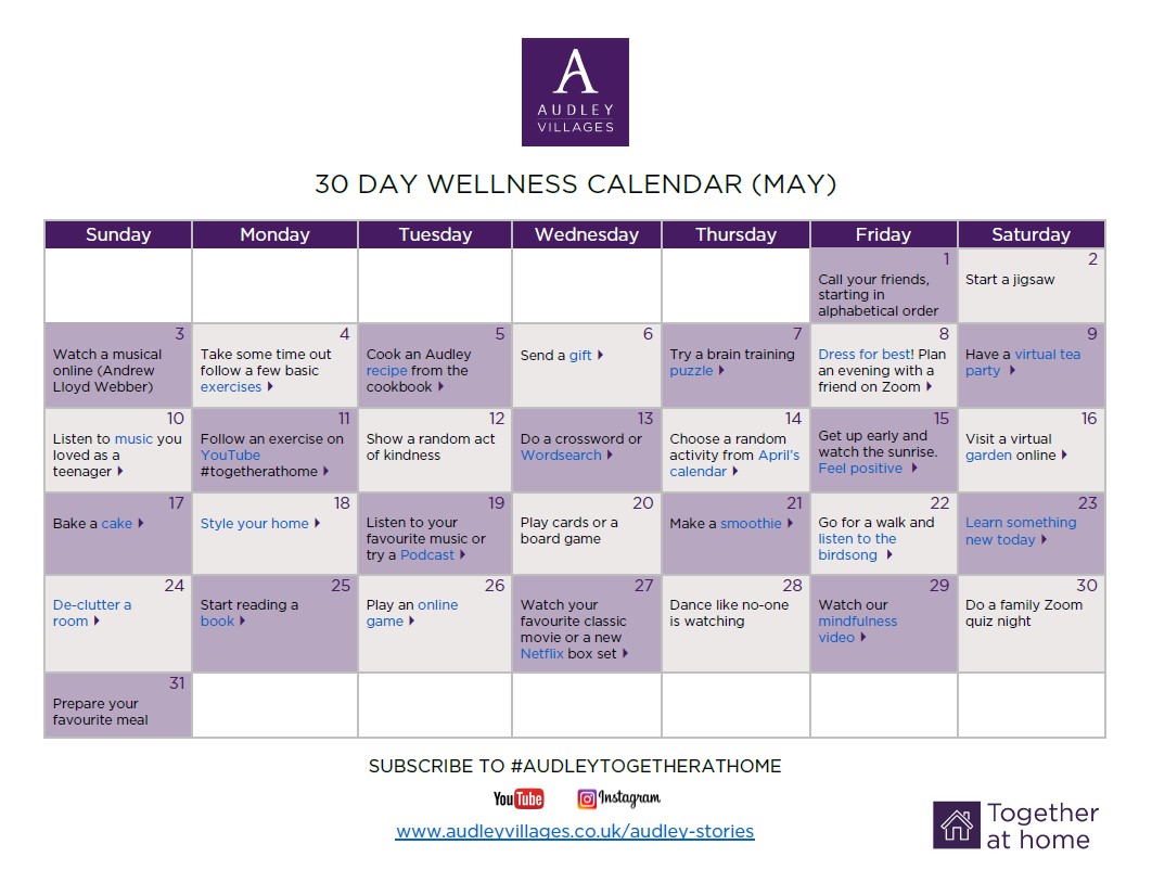 30 day wellness calendar May Audley Villages
