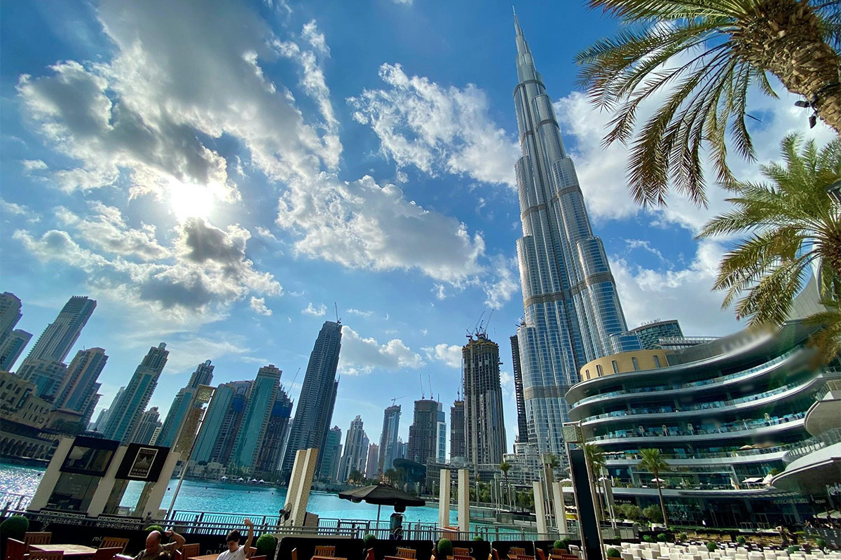 View of Dubai with sky, water and plants